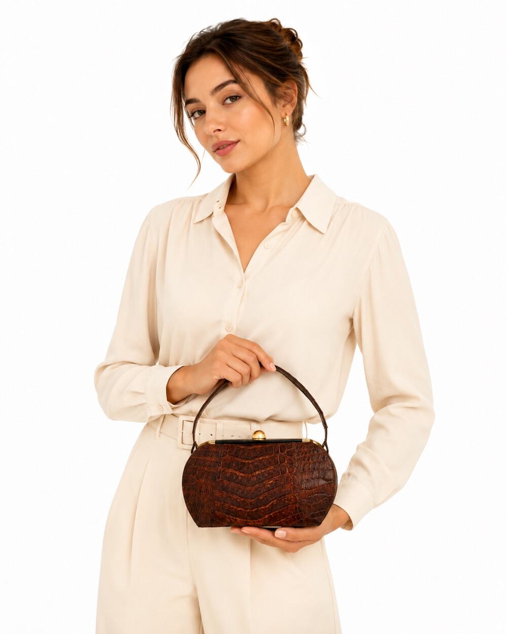 Vintage 50s 60s Brown Alligator Skin Handbag Leather Lined Frame Bag